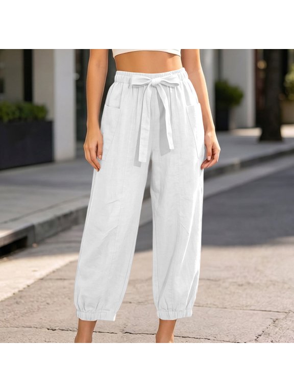 Women's Drawstring Wide Leg High Waisted Harem Pants with Pockets Solid Casual Lounge Ankle Pants Harem Pants Vacation, White L