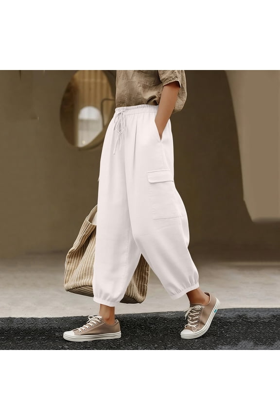 Women's Elastic Waist Harem Cargo Pants Casual Loose Fit Ankle Length with Pockets Drawstring Joggers Streetwear Travel Work Trousers, White S