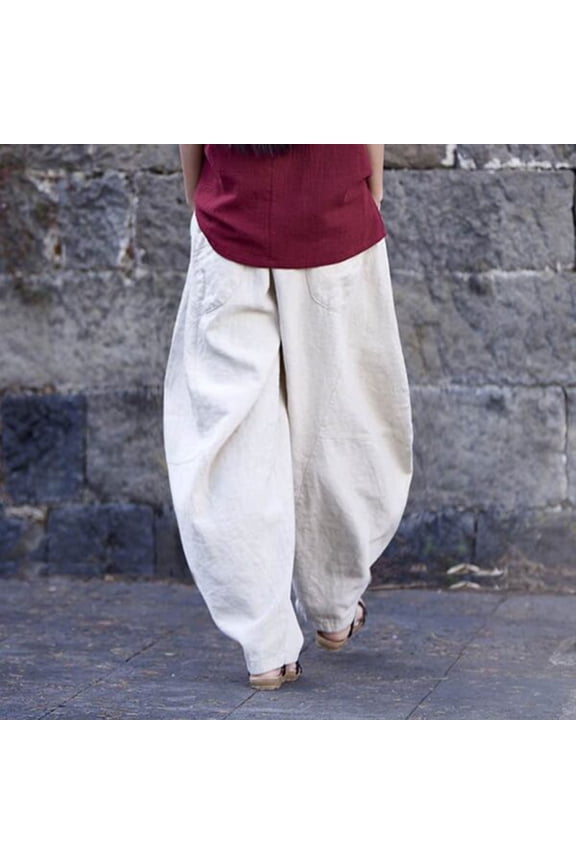 Women's Elastic Waist Harem Pants Solid Flowy Casual Long Lounge Trousers Boho Vacation Beach Clothes, White M