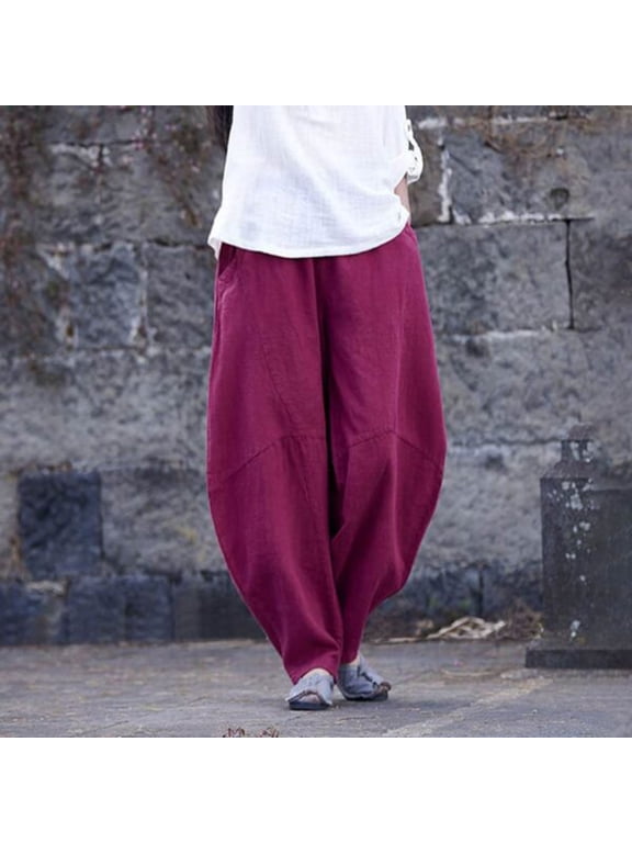 Women's Elastic Waist Harem Pants Solid Flowy Casual Long Lounge Trousers Boho Vacation Beach Clothes, Wine S