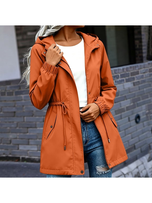 Women's Fall Winter Hooded Zip Up Raincoat Windbreaker Casual Drawstring Solid Outdoor Coat Trendy Long Sleeve Jacket, Orange S