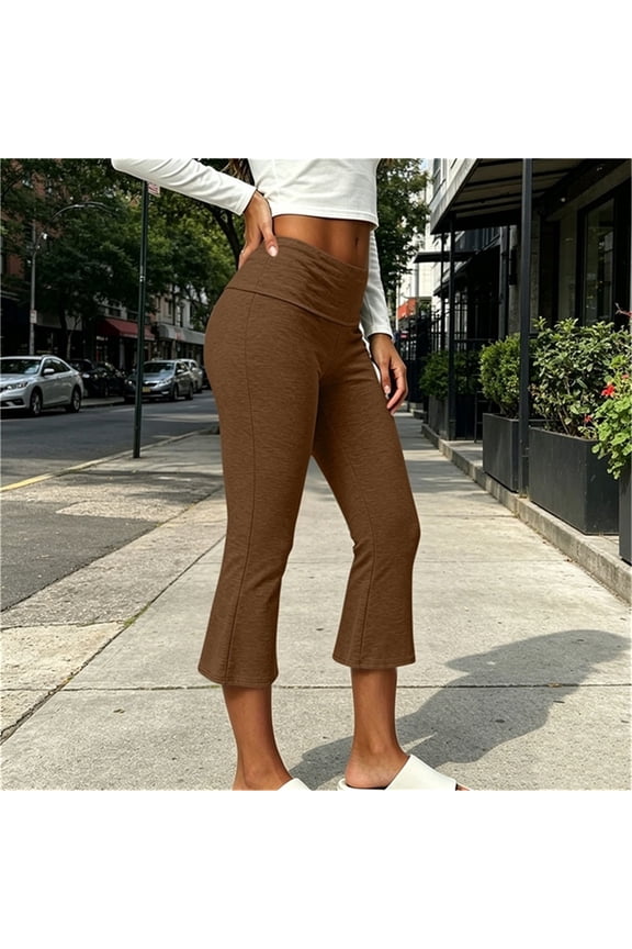 Women's Flare Leg Capri Pants High Waisted Stretch Casual Workout Yoga Active Lounge Trousers Summer Beach Travel Bottoms, Brown XL