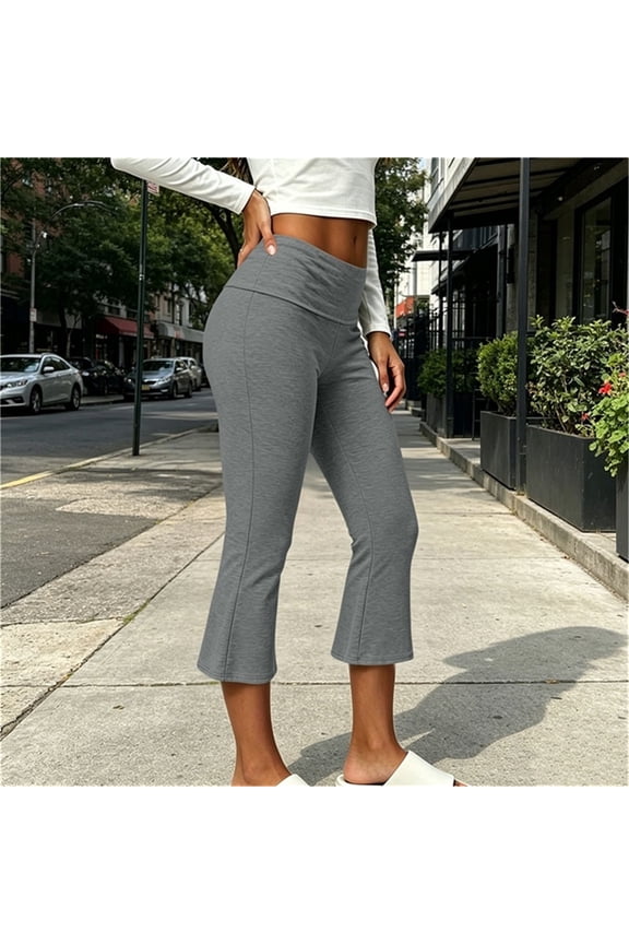 Women's Flare Leg Capri Pants High Waisted Stretch Casual Workout Yoga Active Lounge Trousers Summer Beach Travel Bottoms, Gray L