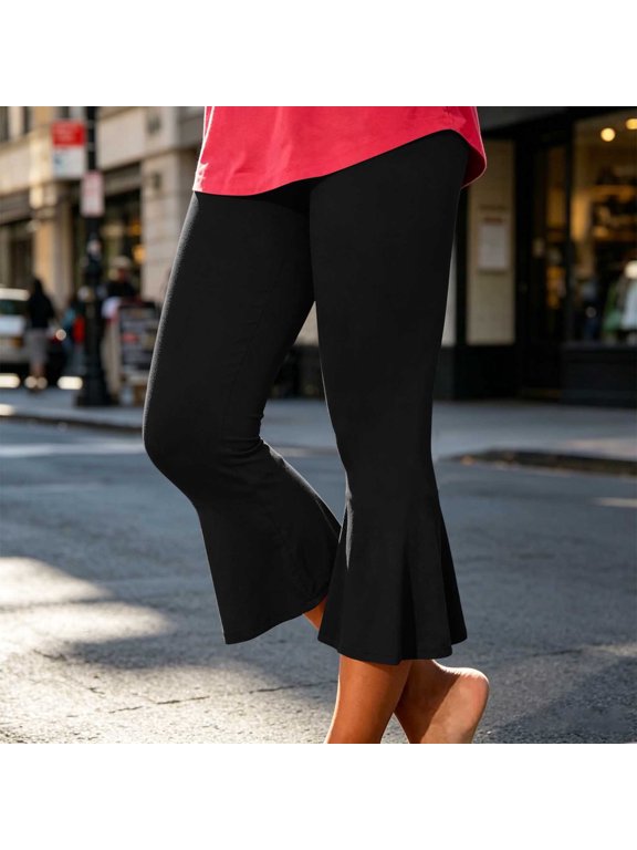Women's Flare Leg Elastic Waist Flowy Casual Capri Pants Active Lounge Yoga Travel Summer Outfits, Black 2XL