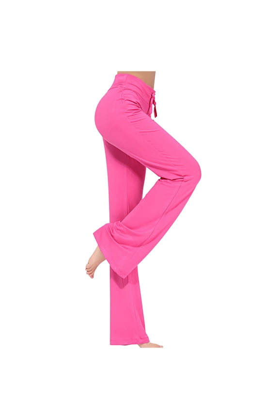 Women's Flare Leg High Waisted Pants Casual Flowy Long Lounge Pants Solid Basic Loungewear Workout Trousers Elastic Waist Beach Travel Clothes, Hot Pink S
