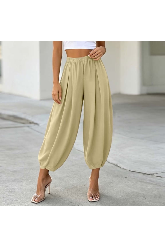 Women's Harem Pants Casual Loose Elastic Waist Flowy Ankle Pants Yoga Lounge Trousers Drawstring Beach Workout Clothes, Beige M