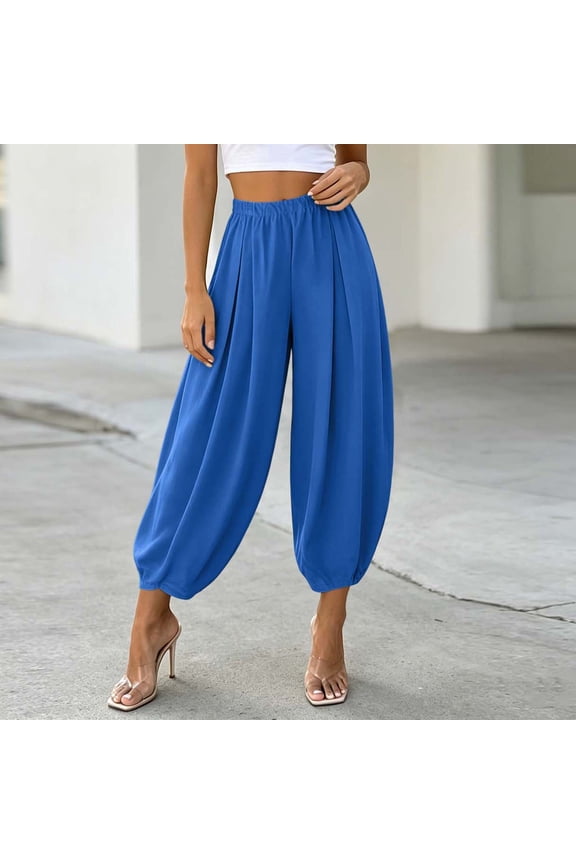 Women's Harem Pants Casual Loose Elastic Waist Flowy Ankle Pants Yoga Lounge Trousers Drawstring Beach Workout Clothes, Blue 2XL