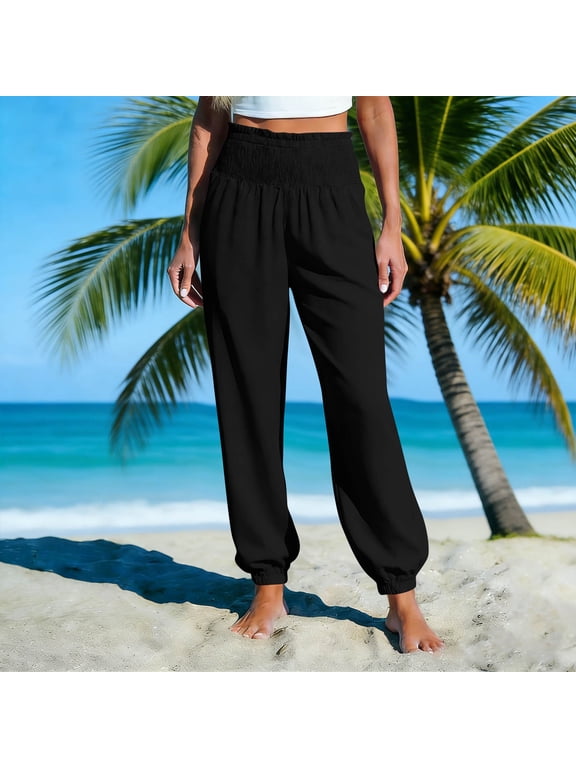 Women's Harem Pants Elastic Waist Flowy Casual Solid Boho Print Vacation Lounge Trousers Relaxed Fit Summer Beach Travel Clothes, Black M