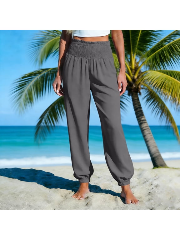 Women's Harem Pants Elastic Waist Flowy Casual Solid Boho Print Vacation Lounge Trousers Relaxed Fit Summer Beach Travel Clothes, Gray L