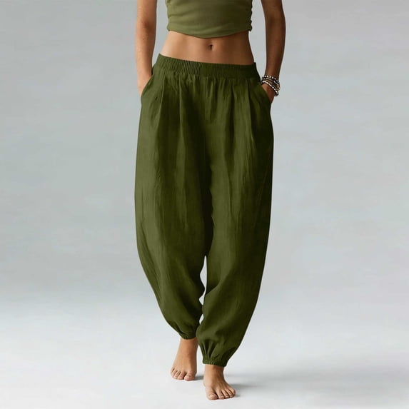 Cagogo Women's Harem Pants Elastic Waist Flowy Solid Boho Lounge Long Pants Party Travel Casual, Army Green M