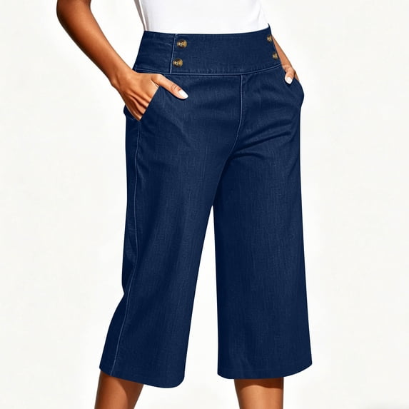 Cagogo Women's High Waisted Capri Jeans Shorts Casual Loose Fit with Pockets Button Denim Capri Pants Summer Vacation Beach Travel Trousers, Dark Blue L