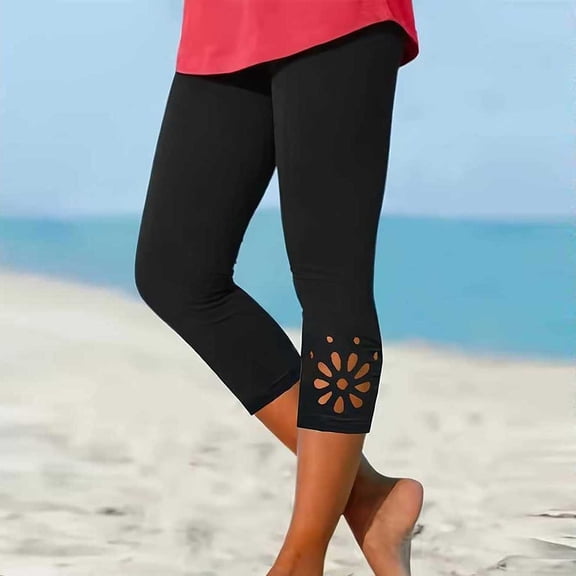 Cagogo Women's High Waisted Capri Leggings Stretch Floral Slim Fit Active Pants Casual Beach Lounge Cropped Trousers Summer Workout Yoga Beachwear Clothes, Black M
