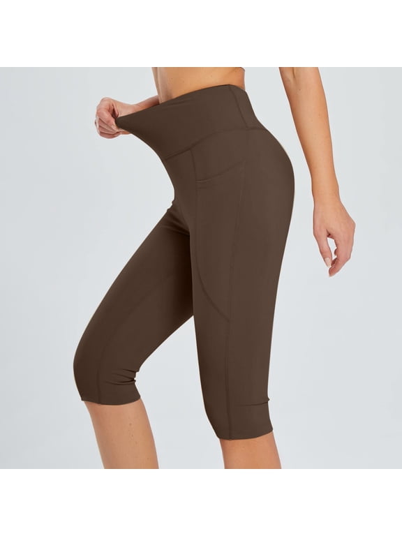 Women's High Waisted Capri Pants with Pockets Solid Slim Fit Active Workout Sport Leggings Summer Casual Cropped Trousers for Running Yoga Lounge Beach, Coffee 2XL