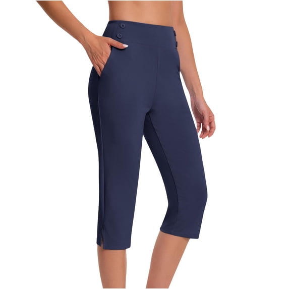 Cagogo Women's High Waisted Capri Pants with Pockets Solid Casual Everyday Capris Travel Loose Summer Cropped Trousers Beach Lounge, Navy L