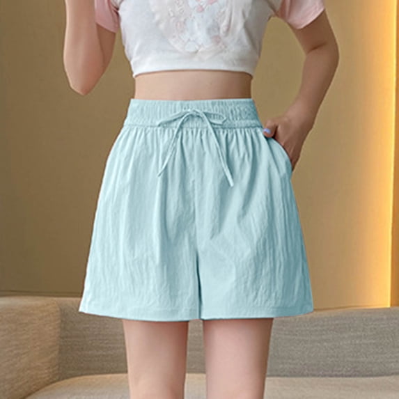 Cagogo Women's High Waisted Flowy Drawstring Shorts with Pockets Casual Loose Fit Summer Beach Vacation Shorts Solid Regular Short Shorts Lounge Outdoor Travel, Light Blue XL