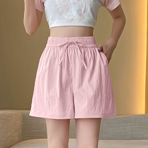 Cagogo Women's High Waisted Flowy Drawstring Shorts with Pockets Casual Loose Fit Summer Beach Vacation Shorts Solid Regular Short Shorts Lounge Outdoor Travel, Pink 2XL