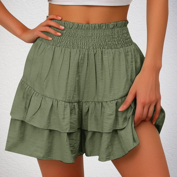 Cagogo Women's High Waisted Flowy Mini Skirt Shorts Summer Casual Solid Beach Shorts Drawstring Elastic Waist Loose Fit Tummy Control Lounge Yoga Shorts, Army Green 2XL