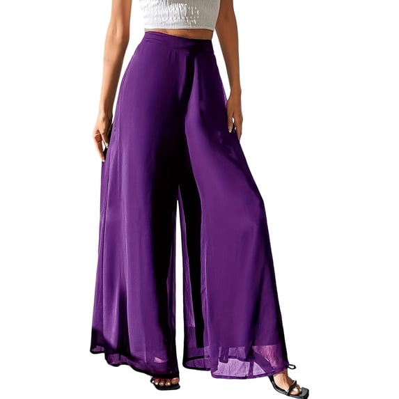 Cagogo Women's High Waisted Palazzo Pants Flowy Casual Long Trousers Summer Travel Beach Lounge Wide Leg Elastic Waist Cropped Bloomer Fashion, Purple XL