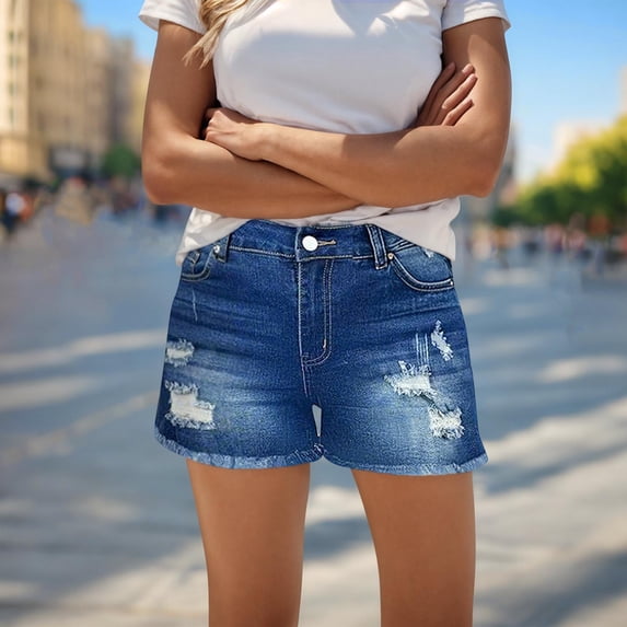 Cagogo Women's High Waisted Ripped Jeans Shorts Distressed Casual Denim Shorts Summer Party Beach Lounge Outfits, Navy S
