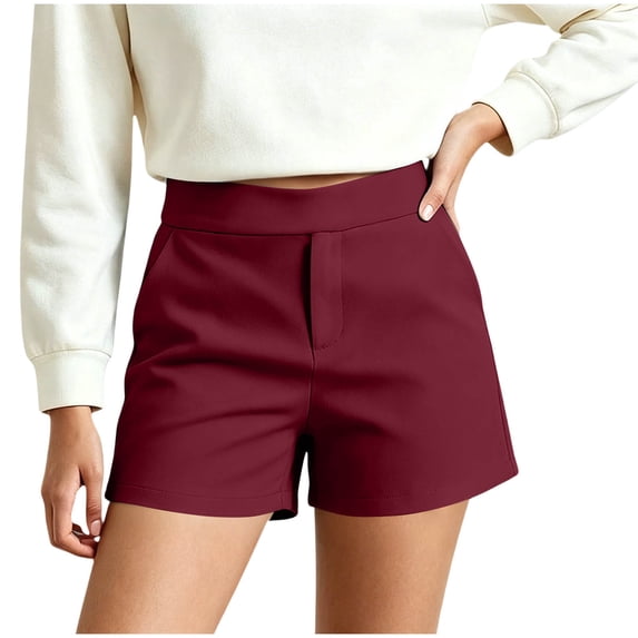 Cagogo Women's High Waisted Shorts with Pockets Solid Casual Regular Fit Summer Shorts Beach Lounge Trousers Fashion Clothes, Wine XL