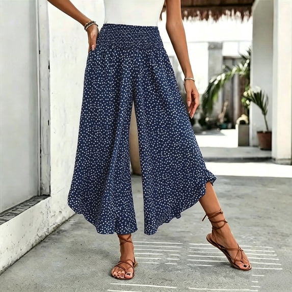 Cagogo Women's High Waisted Wide Leg Capri Pants Flowy Polka Dot Boho Vacation Loose Trousers Casual Summer Travel Beach Outfits, Dark Blue L