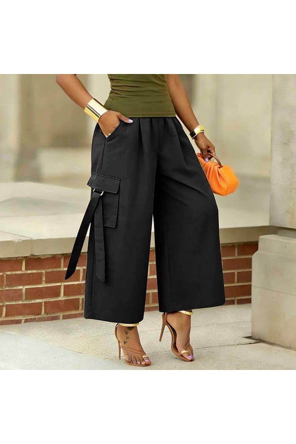 Women's High Waisted Wide Leg Capri Pants with Pockets Casual Loose Cropped Palazzo Trousers Summer Beach Work Lounge Cargo Pants Solid Fashion Clothes, Black M