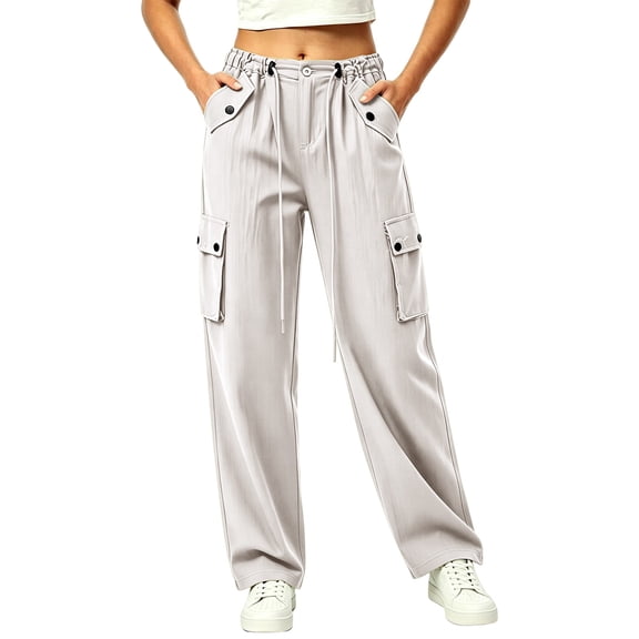 Cagogo Women's High Waisted Wide Leg Cargo Pants with Pockets Casual Loose Solid Streetwear Long Trousers Travel Work Lounge Fall Fashion Outfits, Beige S