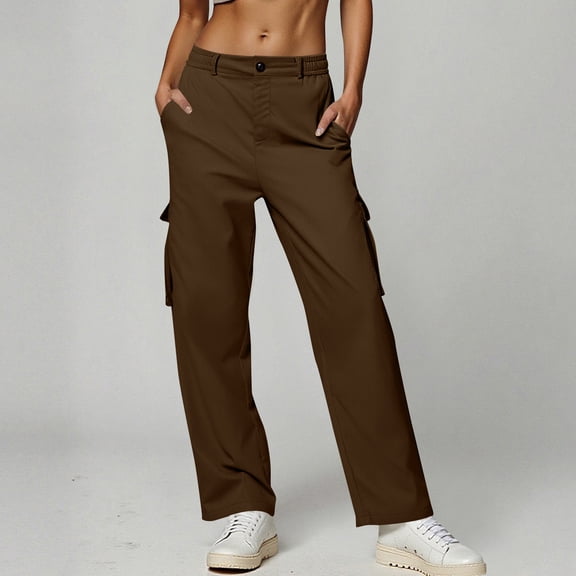 Cagogo Women's High Waisted Wide Leg Cargo Pants Summer Casual Loose Flowy Streetwear Workwear Long Trousers Beach Vacation Clothes, Brown S