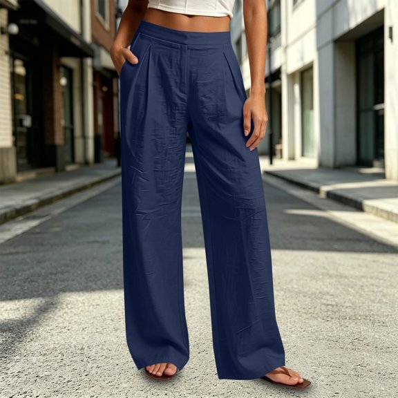 Cagogo Women's High Waisted Wide Leg Lounge Pants with Pockets Solid Casual Loose Long Trousers Travel Beachwear Work, Dark Blue L