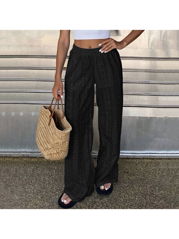 Women's High Waisted Wide Leg Pants Summer Casual Flow Elastic Waist Boho Palazzo Trousers Beach Lounge Vacation Solid Fashion Beachwear, Black 2XL