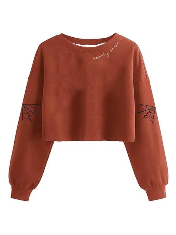 Women's Long Sleeve Gothic Letter Graphic Crop Top Casual Loose Pullover Halloween Fall Tops, Orange XL