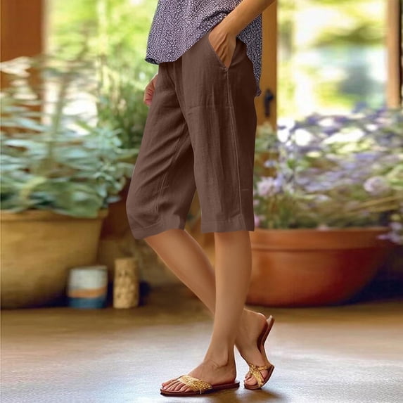 Cagogo Women's Mid Rise Capri Pants with Pockets Solid Casual Vacation Cropped Trousers Elastic Waisted Regular Fit Summer Beach Lounge, Coffee XL