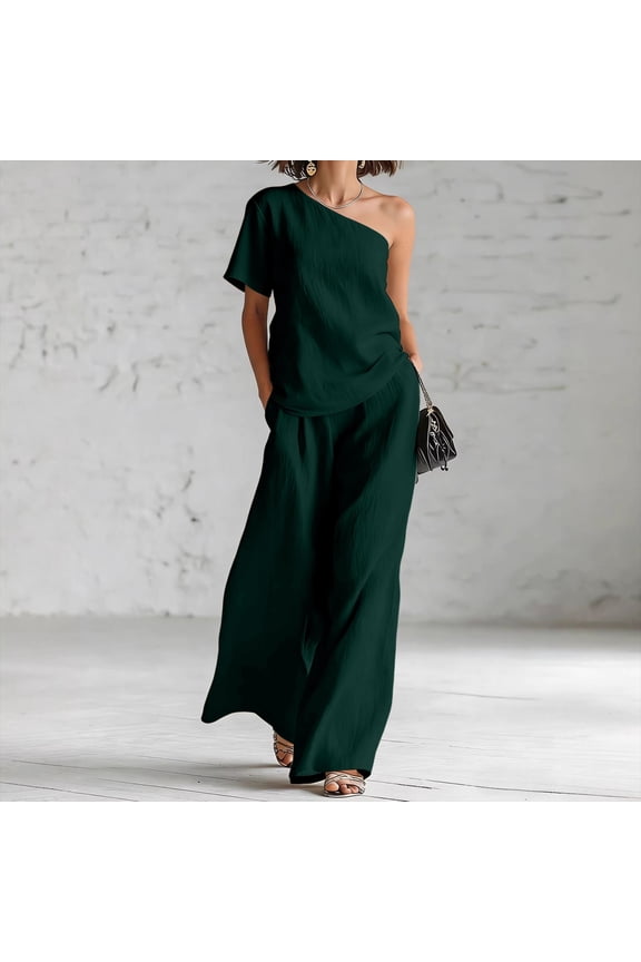 Women's One Shoulder Short Sleeve Pants Wide Leg Two Piece Set Casual Solid Basic Outfits Lounge Matching Sets Summer Travel Clubwear, Green 2XL