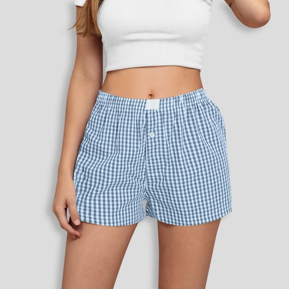 Cagogo Women's Plaid Shorts Elastic Waist Casual Regular Fit Boxer Shorts Summer Lounge Beach Vacation Trousers Loungewear, Light Blue XL