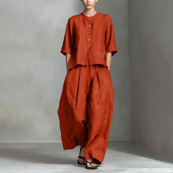 Cagogo Women's Plus Size 2 Piece Set Casual Round Neck Short Sleeve Tops Wide Leg Pants Loose Boho Summer Outfits Solid Cruise Matching Lounge Travel Clothes, Orange 5XL