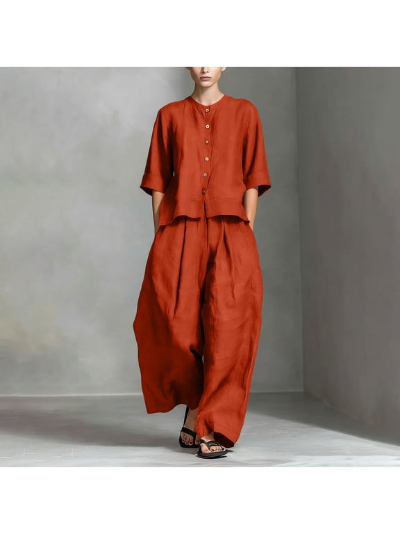 Women's Plus Size 2 Piece Set Casual Round Neck Short Sleeve Tops Wide Leg Pants Loose Boho Summer Outfits Solid Cruise Matching Lounge Travel Clothes, Orange XL
