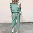 thumbnail image 1 of Cagogo Women's Plus Size 2 Piece Set Striped Casual Loungewear Long Sleeve Round Neck Pullover Top Drawstring Pants Matching Outfits for Spring Fall Airport Travel Clothes, Green 4XL, 1 of 5