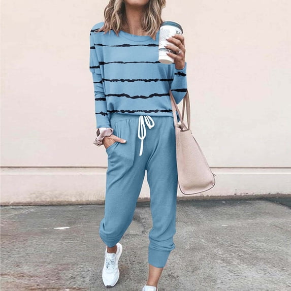 Cagogo Women's Plus Size 2 Piece Set Striped Casual Loungewear Long Sleeve Round Neck Pullover Top Drawstring Pants Matching Outfits for Spring Fall Airport Travel Clothes, Light Blue XL