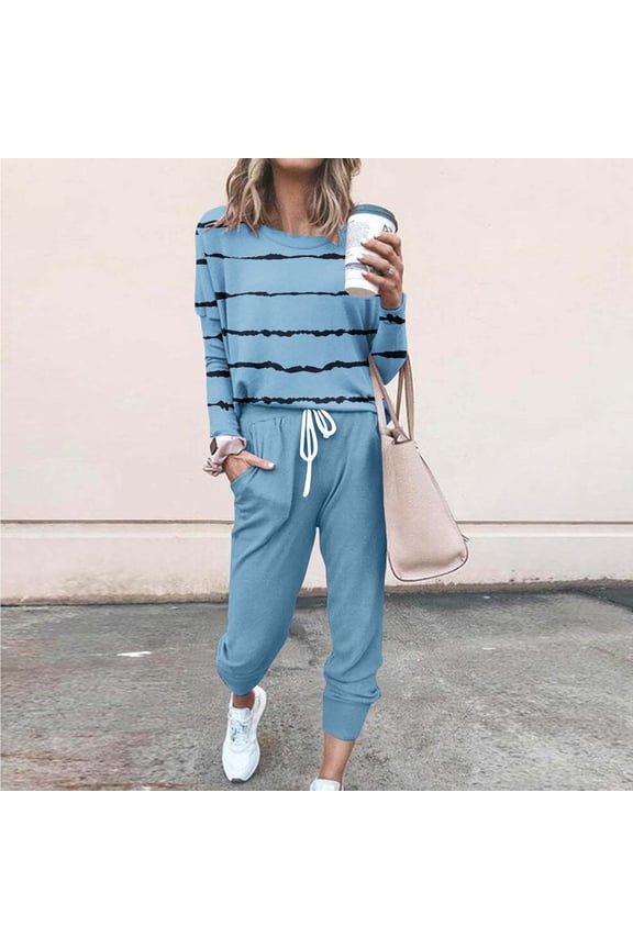 Women's Plus Size 2 Piece Set Striped Casual Loungewear Long Sleeve Round Neck Pullover Top Drawstring Pants Matching Outfits for Spring Fall Airport Travel Clothes, Light Blue S