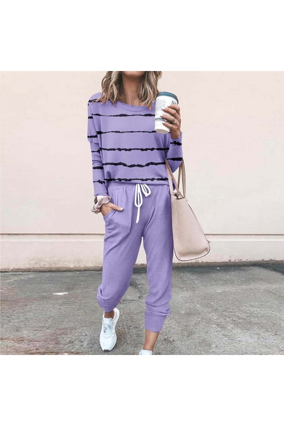 Women's Plus Size 2 Piece Set Striped Casual Loungewear Long Sleeve Round Neck Pullover Top Drawstring Pants Matching Outfits for Spring Fall Airport Travel Clothes, Purple 2XL