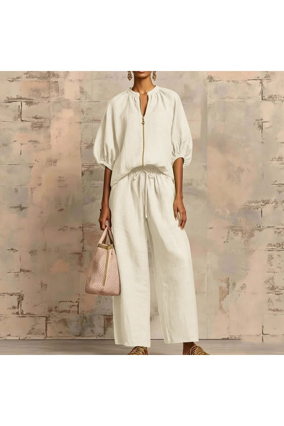 Women's Plus Size 2 Piece Set V Neck Puff Sleeve Blouse Wide Leg Pants Solid Boho Vacation Outfits Loose Casual Cruise Travel Clothes, Beige XL