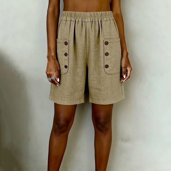 Cagogo Women's Plus Size Bermuda Shorts Elastic Waist Casual Loose Pants with Pockets Summer Vacation Beach Travel Lounge Shorts for Women, Khaki 2XL