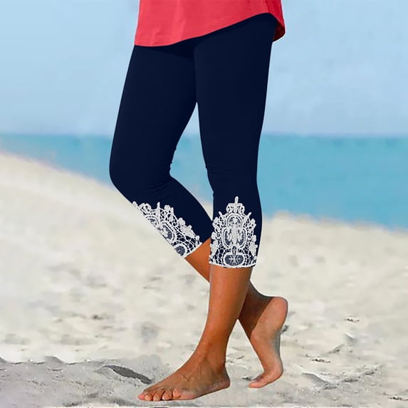 Cagogo Women's Plus Size Capri Leggings Elastic Waist Stretch Lace Floral Casual Activewear Pants Party Summer Lounge Yoga Beach Cropped Trousers, Navy 3XL