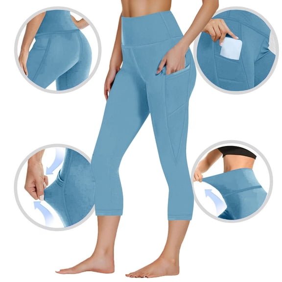 Cagogo Women's Plus Size Capri Leggings High Waisted with Pockets Solid Sporty Yoga Activewear Workout Fit Capri Pants Casual Lounge Athletic Trousers, Blue S