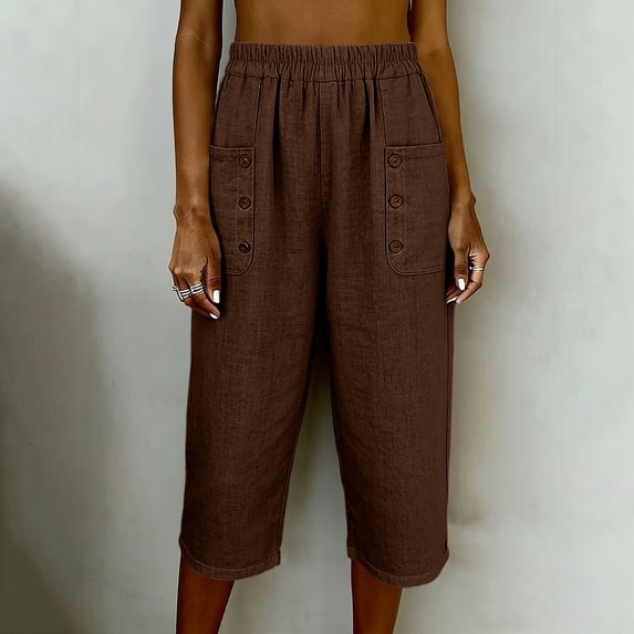 Cagogo Women's Plus Size Capri Pants Cotton Linen Casual Loose Elastic Waist Pants with Pockets Summer Vacation Beach Flowy Trousers Work Lounge Clothes, Brown M
