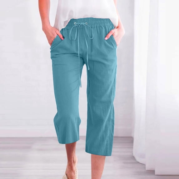 Cagogo Women's Plus Size Capri Pants Elastic Waist Casual Solid Loose Capri Pants with Pockets Lounge Pant Cropped Trousers Summer Beach Work Travel Clothes, Sky Blue 4XL