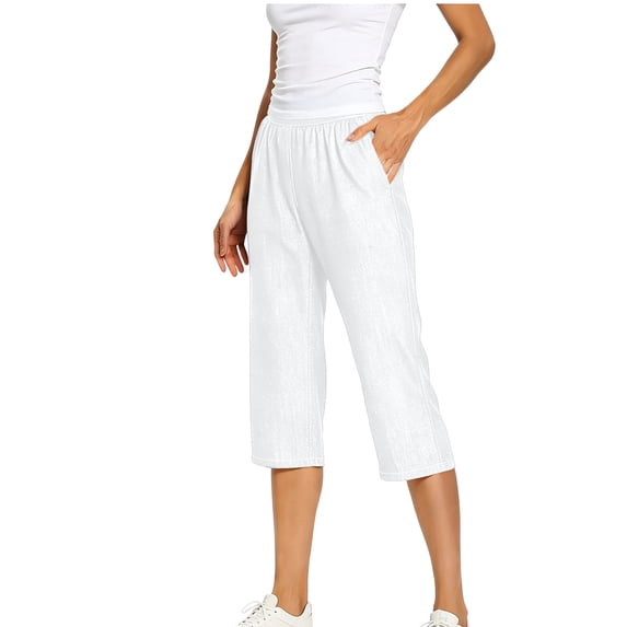 Cagogo Women's Plus Size Capri Pants Elastic Waist with Pockets Casual Solid Loose Capri Pants Summer Cropped Palazzo Trousers for Vacation Beach Work Lounge, White 3XL