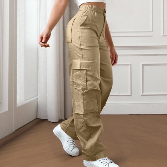 Cagogo Women's Plus Size Cargo Pants High Waisted Casual Loose Long Trousers with Pockets Drawstring Elastic Waist Baggy Streetwear Summer Travel Work Pants, Khaki XL
