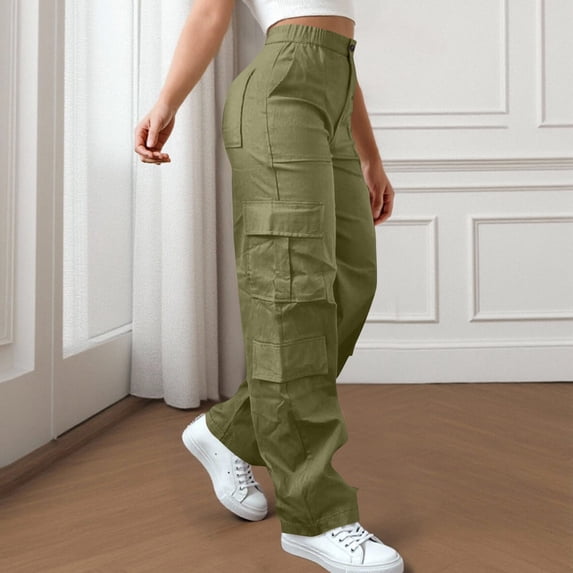 Cagogo Women's Plus Size Cargo Pants High Waisted Casual Loose Long Trousers with Pockets Drawstring Elastic Waist Baggy Streetwear Summer Travel Work Pants, Army Green L