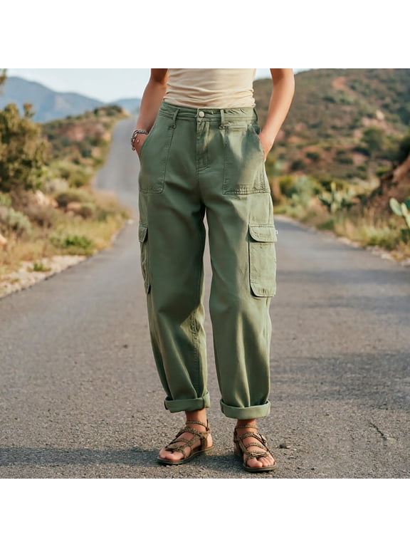 Women's Plus Size Cargo Pants High Waisted with Pockets Cuffed Casual Streetwear Loose Long Trousers Vacation Travel Work, Army Green L